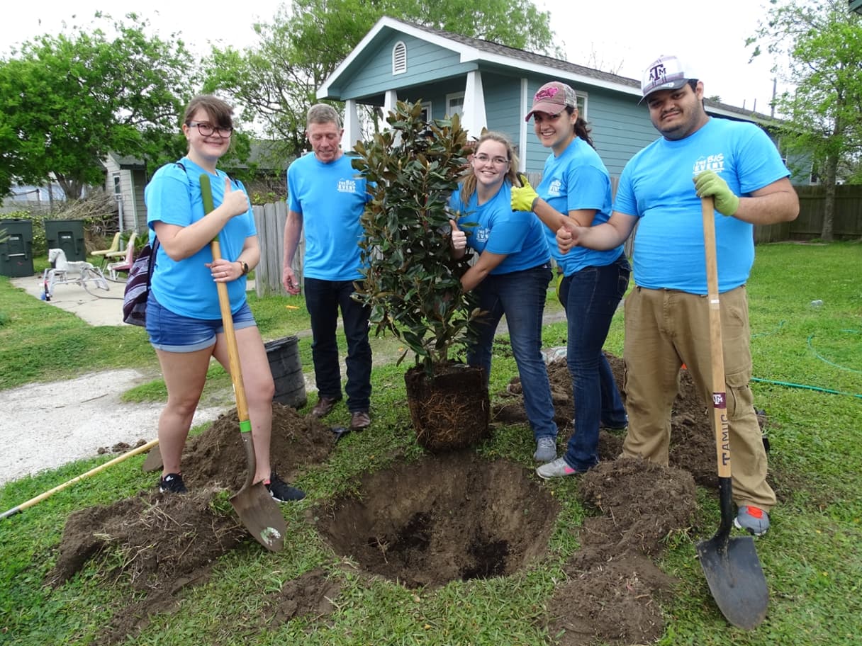 Students and Col. Fossum plant magnolia trees at homes in Galveston.